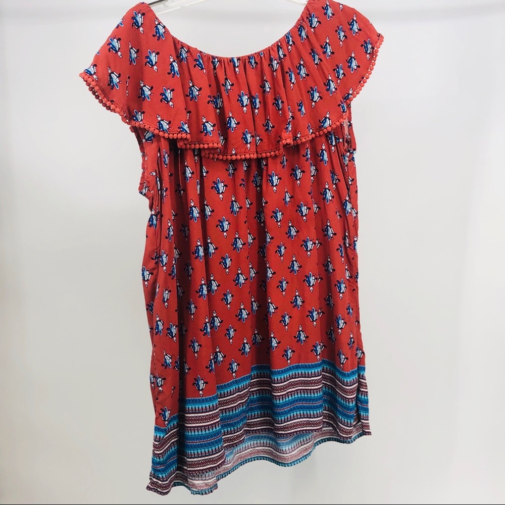 Ladies Pull Over Top XXL Multicolor Mexican Print  On/Off Shoulder Boho Shirt